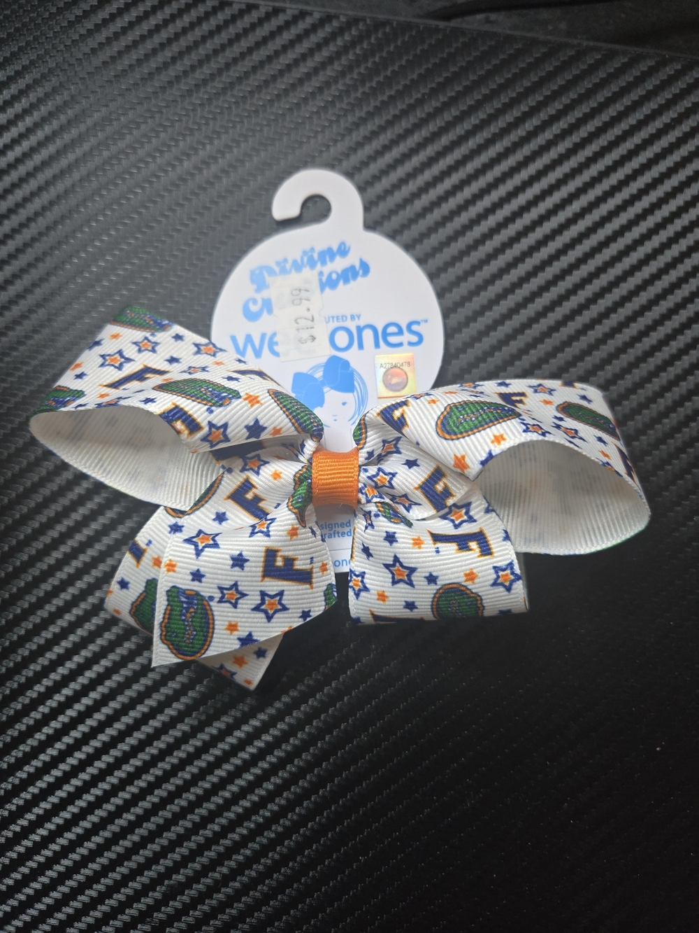 White Grosgrain Bow with Orange & Green Team Logos